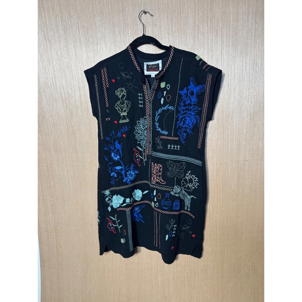 Biya Johnny Was Nahmad $270 Black Cotton Gauze Embroidered Tunic Dress Women XXS